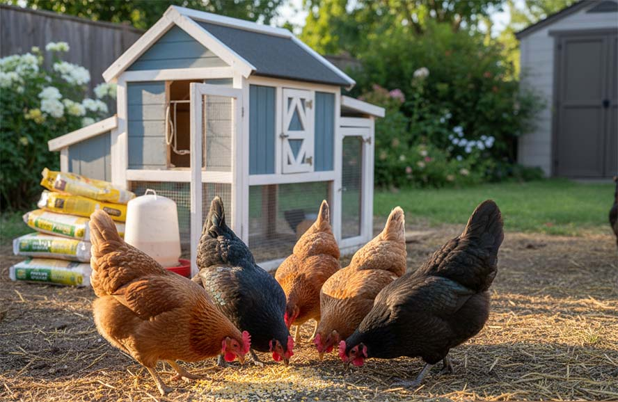 Hens eating in the backyard