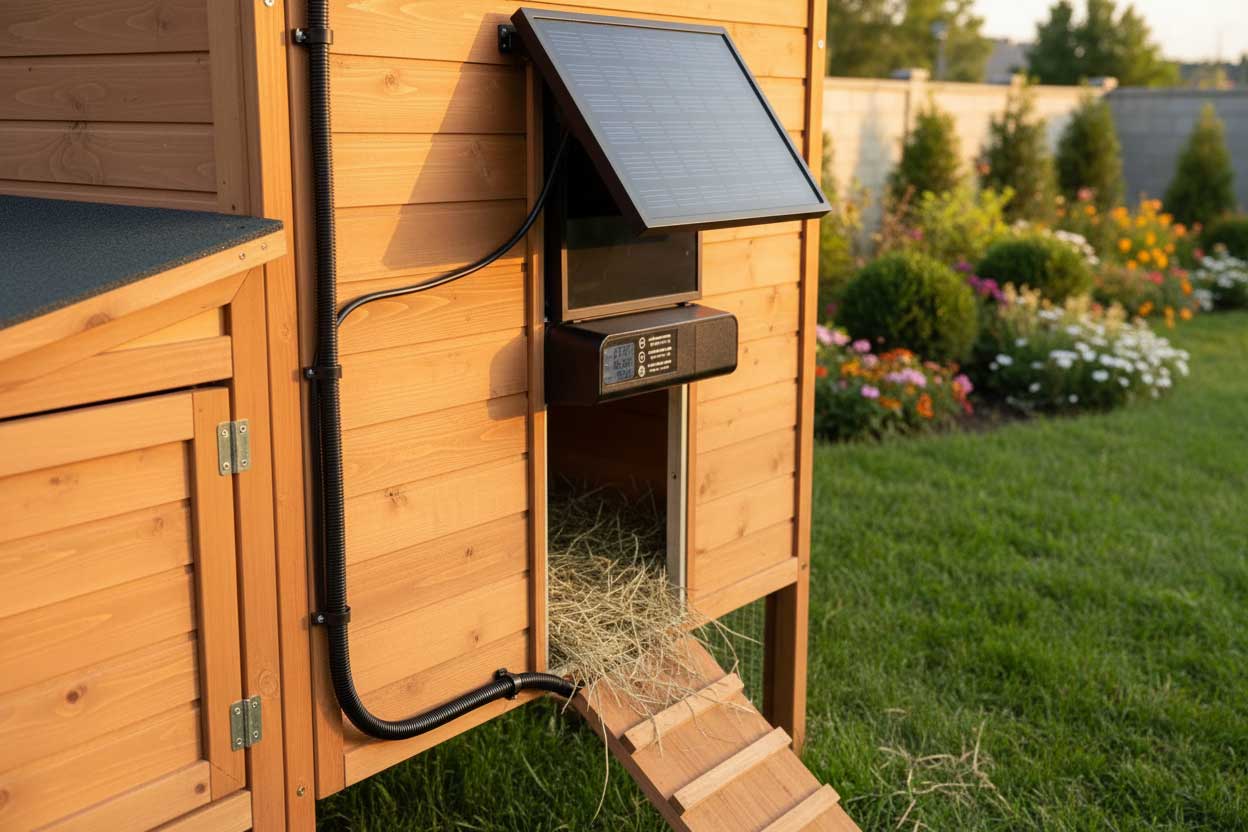 Solar-powered automatic coop door installed on wooden coop